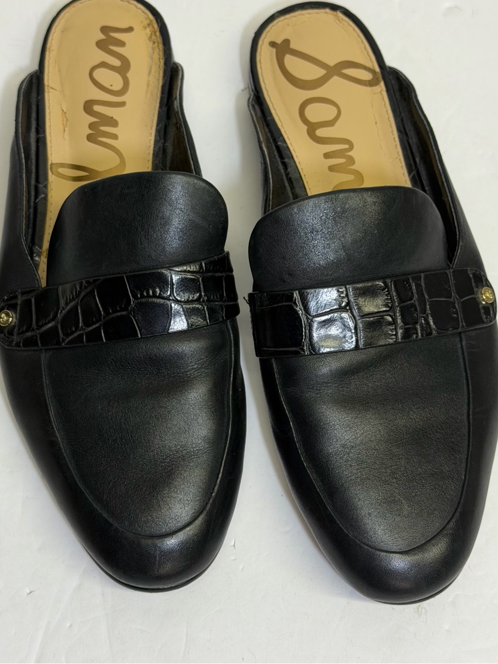 Sam Edelman Black Leather Croc-Accent Backless Mules Size 7